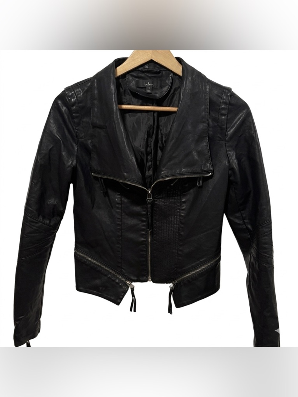 Lulu's Black Vegan Leather Jacket with Quilted Detail Size Small